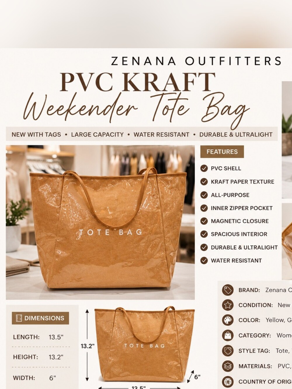 ✨️Zenana PVC Kraft Weekender Tote Bag – NWT | Water Resistant | Large Capacity